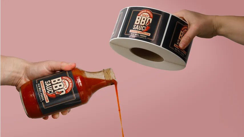 one hand pouring a bottle of bbq sauce and another holding a roll of labels