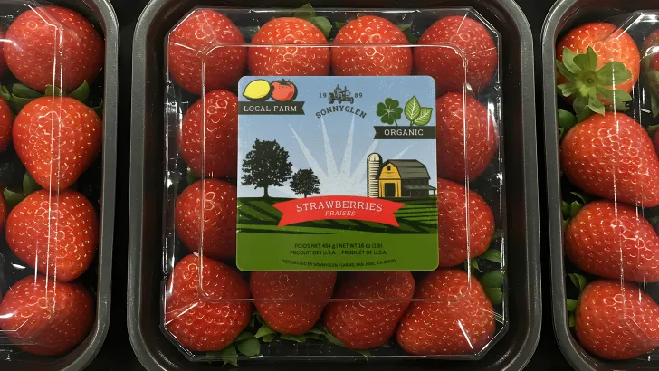 Strawberry containers with vibrant full-color printed labels