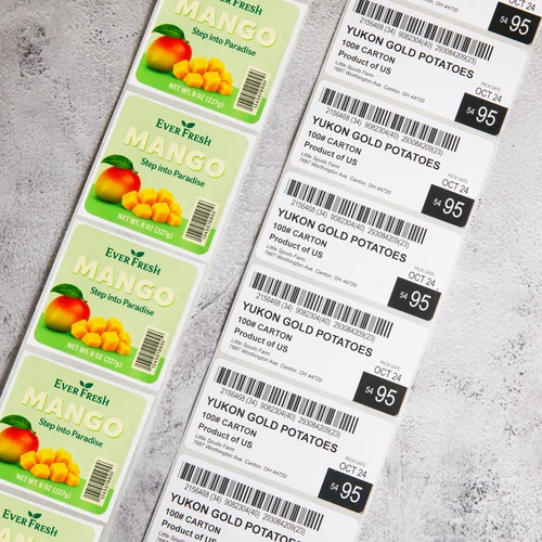 Product and barcode labels for agricultural products including Farm Fresh produce labels and thermal barcode labels for Yukon Gold Potatoes
