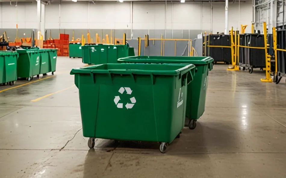 Warehouse floor showing large recycling bins with recycling symbols