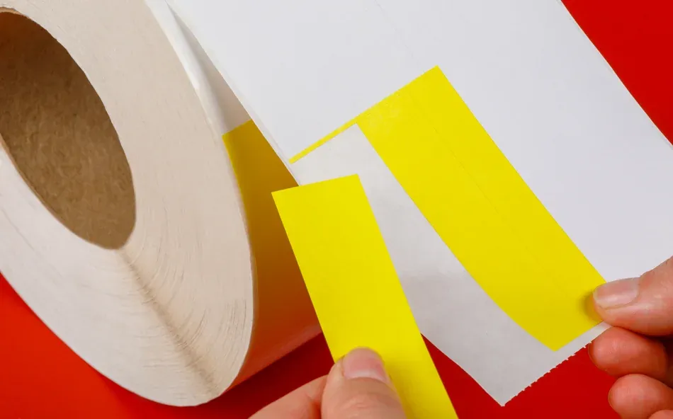 a hand pulling away part of a label that's been cut while printing