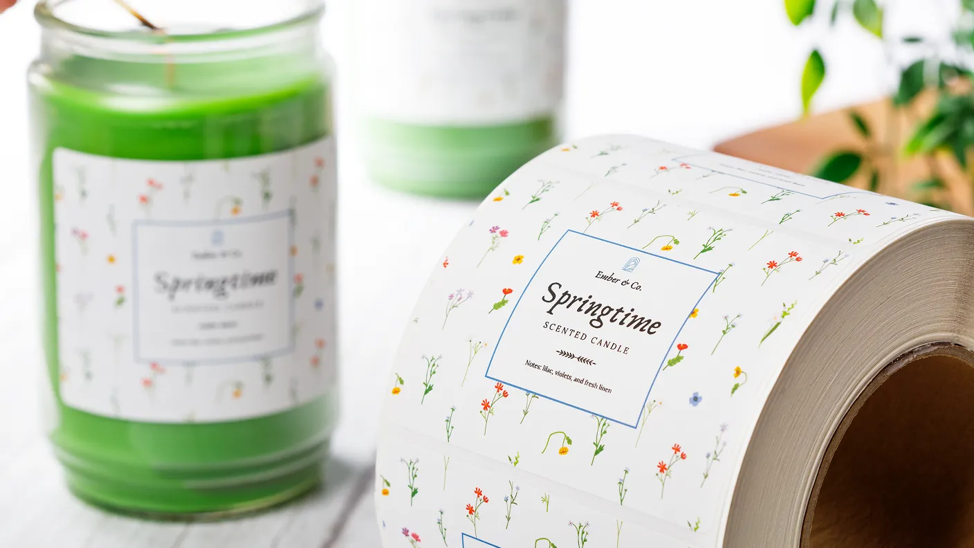 a roll of candle labels next to a labeled candle