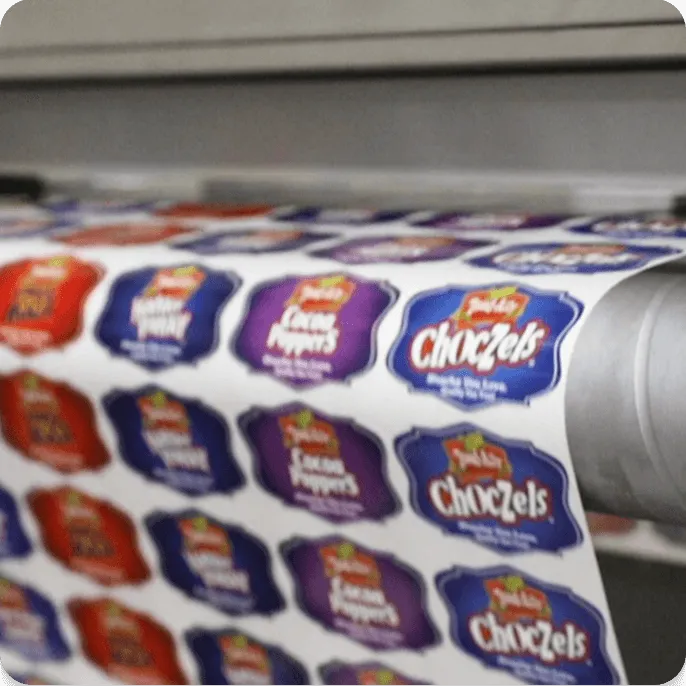 colorful digitally printed product labels being produced on commercial printing equipment