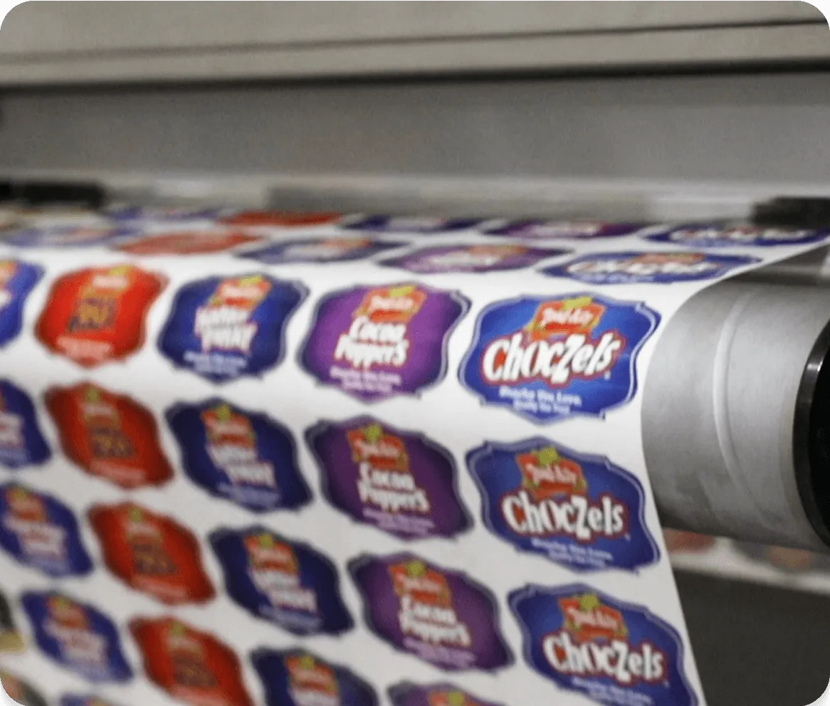 colorful digitally printed product labels being produced on commercial printing equipment