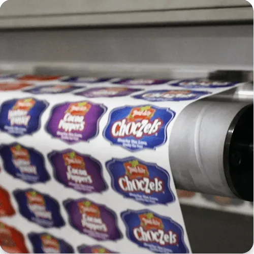 colorful digitally printed product labels being produced on commercial printing equipment