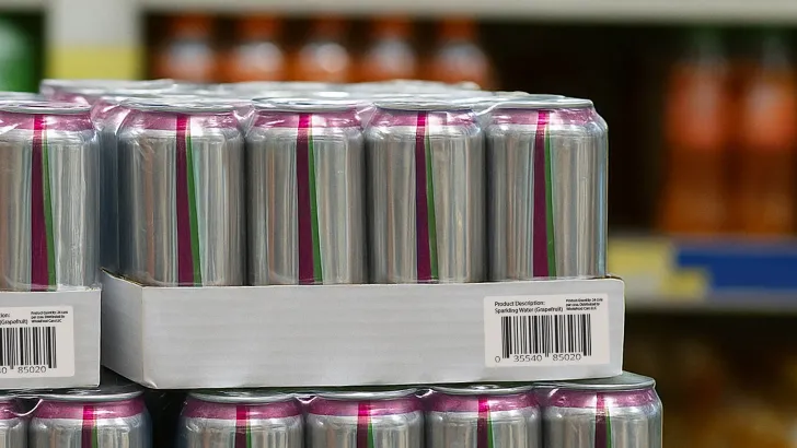 Shrink-wrapped cases of canned beverages with barcode labels stacked in warehouse