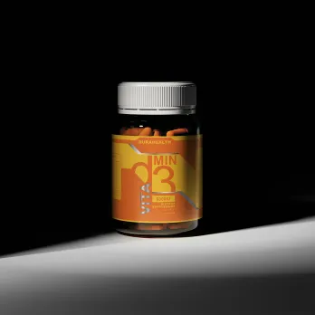 Orange supplement jar with colorful label on black background