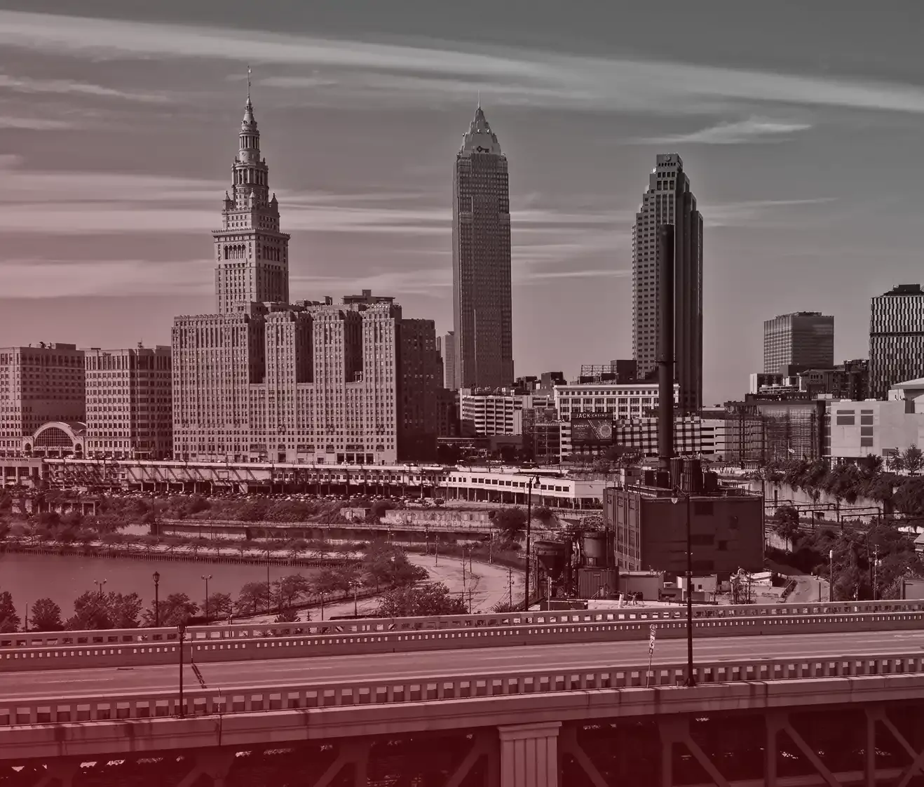 Cleveland skyline with Kroy logo overlay showing brand heritage and innovation in thermal printing technology
