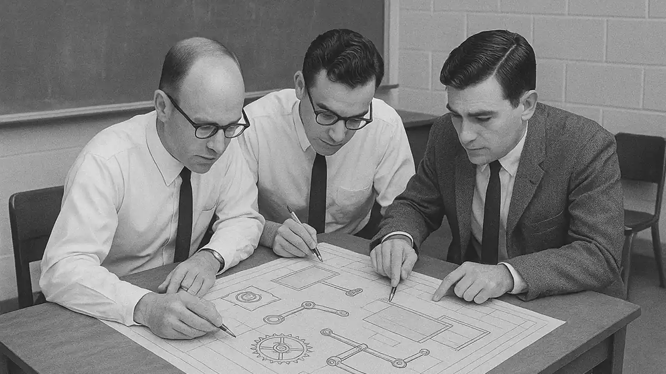 3 men seated at a table drawing schematics