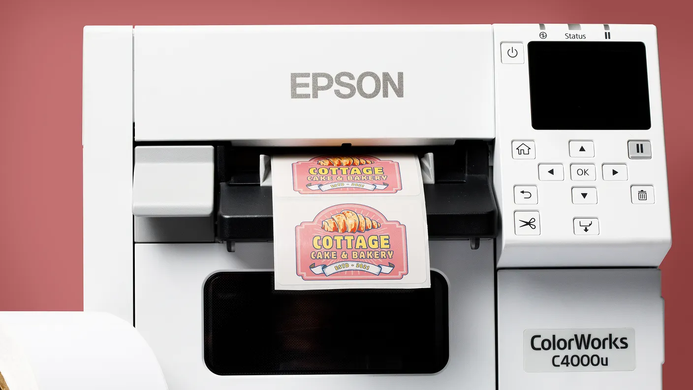 an epson printer with labels sticking out
