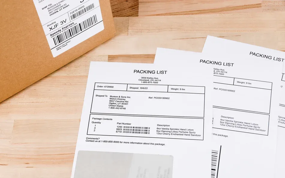 a stack of integrated form labels next to a cardboard box