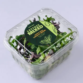 labeled plastic container of fresh kale
