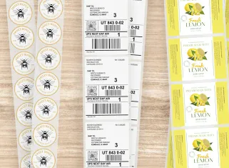 various sized thermal transfer label sheets displaying different label dimensions