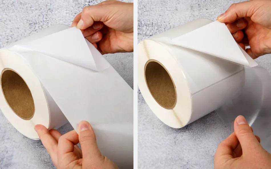 a roll with a paper liner next to a roll with a transparent film liner