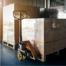 a pallet of boxes going up a lift