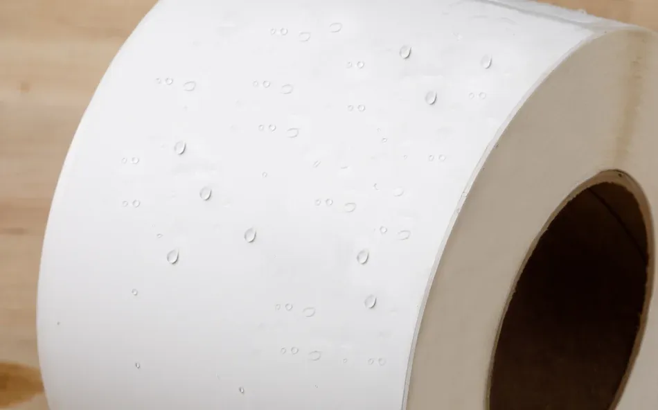 a blank roll of labels repelling water droplets