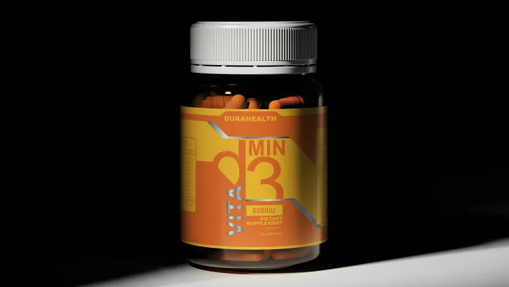 Orange vitamin supplement jar with colorful product label on black background