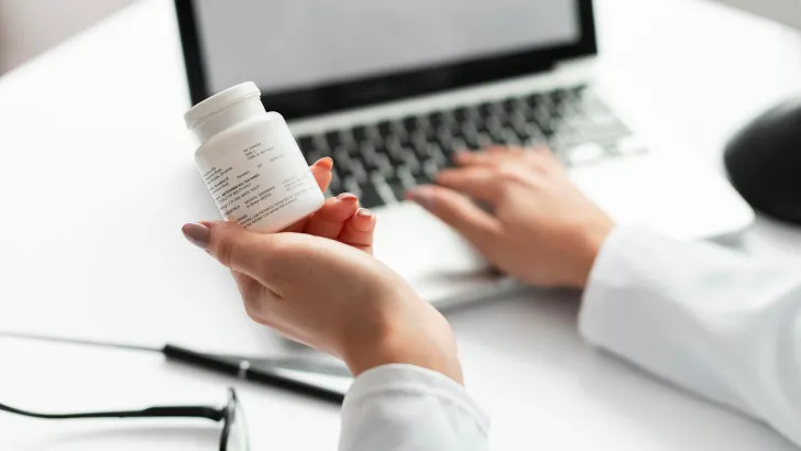 Person holding prescription medication bottle while working on laptop