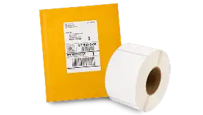 Roll of 4x6 shipping labels next to labeled cardboard box