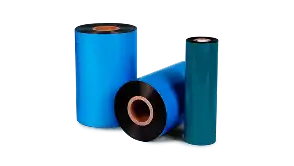Three thermal transfer ribbons in blue and teal colors stacked together