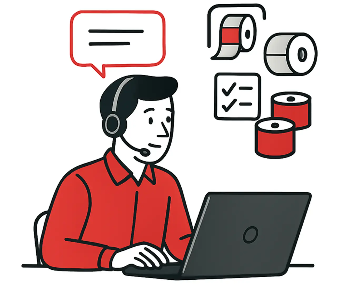 Customer service representative at laptop with icons representing labels and communication