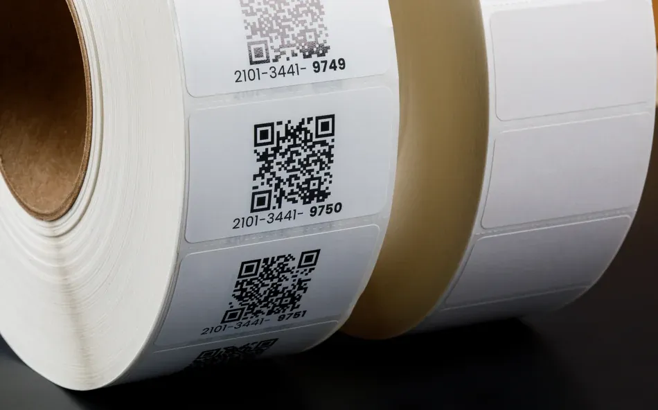 a preprinted roll of labels next to a blank roll of labels