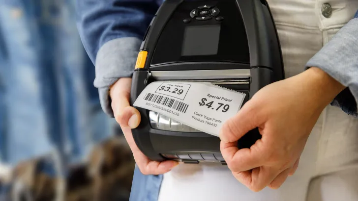 Person using handheld price label printer in retail store