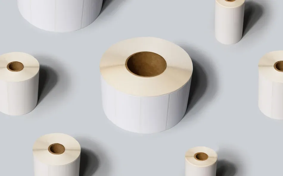 White thermal label rolls on light gray surface