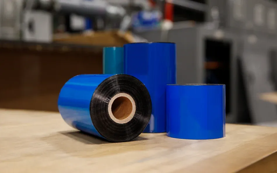 Blue thermal ribbon rolls on dark surface