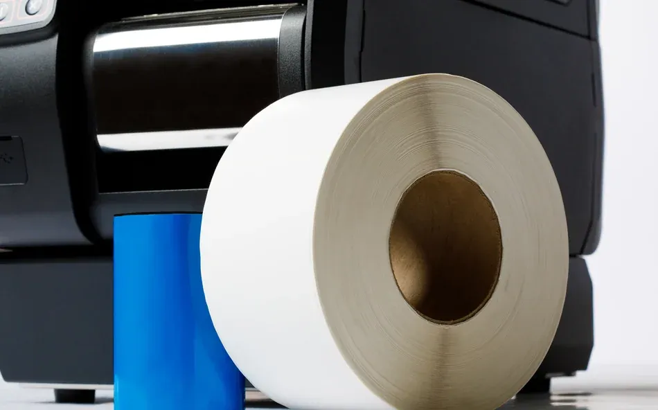 a blank roll of labels and a roll of thermal transfer ribbon in front of a printer