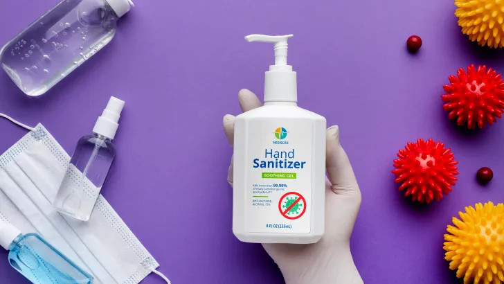 Hand sanitizer bottle with colorful digital label and face masks