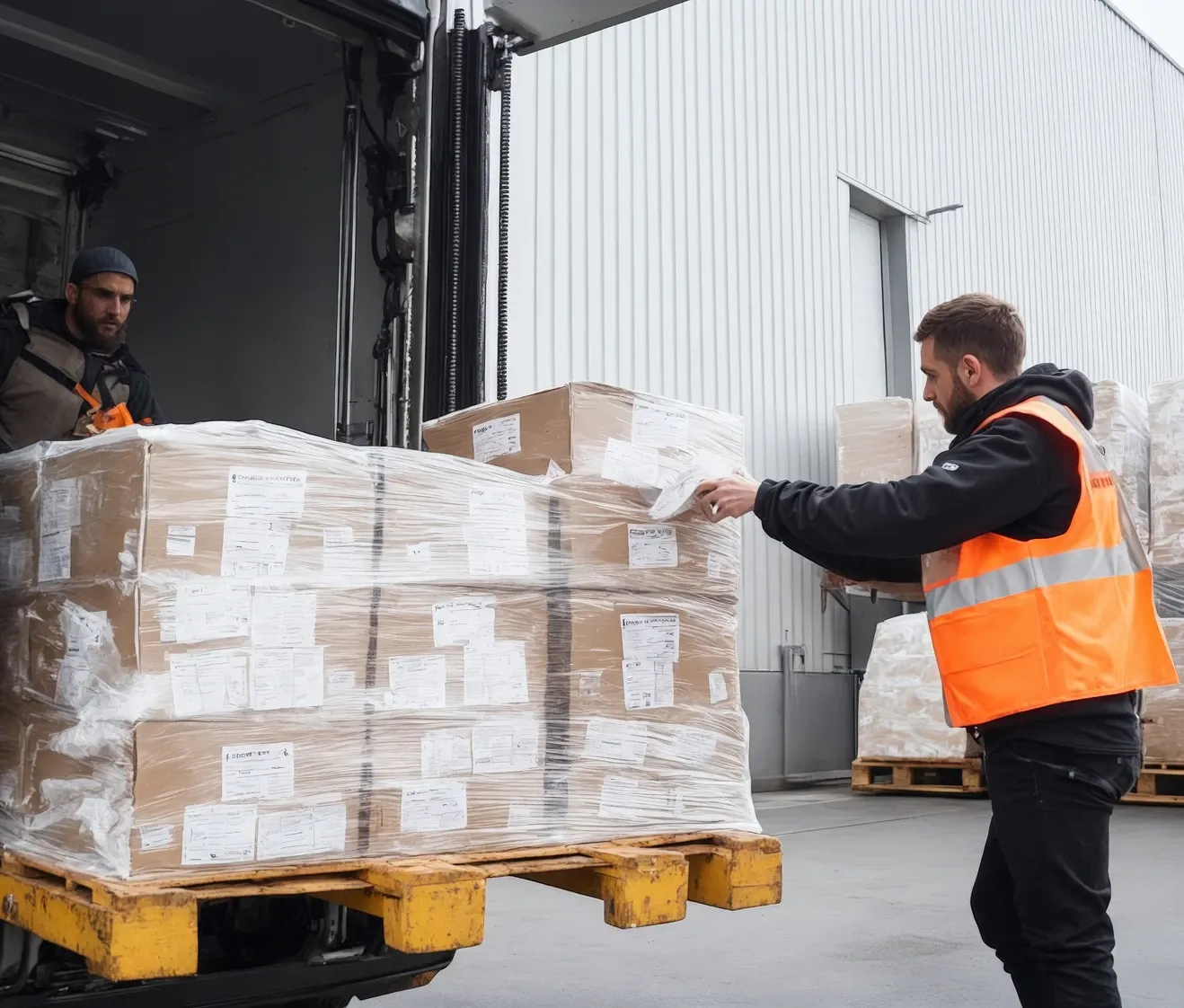 A forklift sitting in the middle of a warehouse aisle between two large walls of racks loaded with cardboard boxes